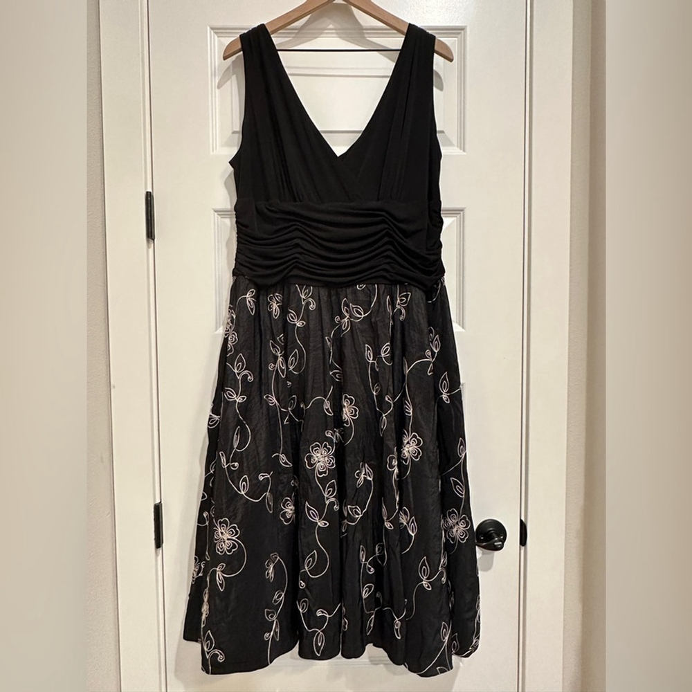Dress Barn Black V-Neck Floral Embroidered Fit-and-Flare Dress - Picture 2 of 12